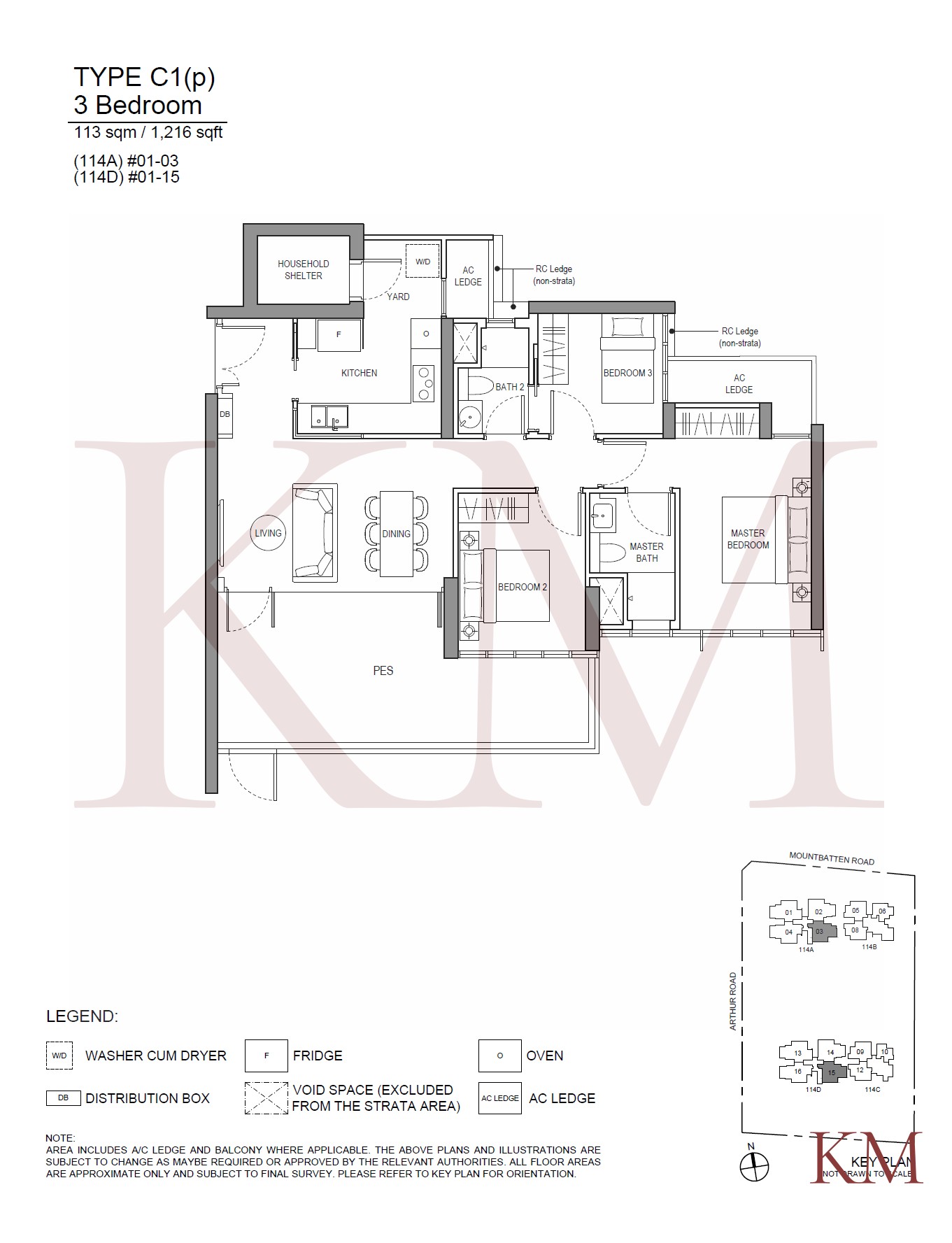 LIV@MB Type C1(p) floor plan, 3-bedroom