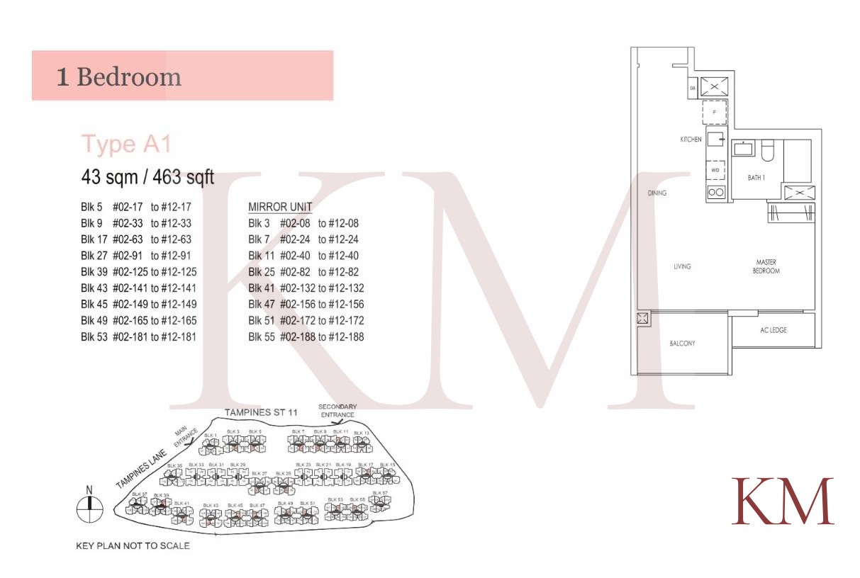 Treasure at Tampines Type A1 floor plan, 1-bedroom