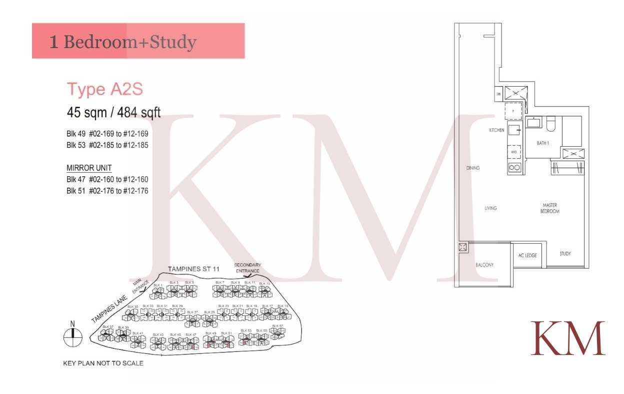 Treasure at Tampines Type A2S floor plan, 1-bedroom