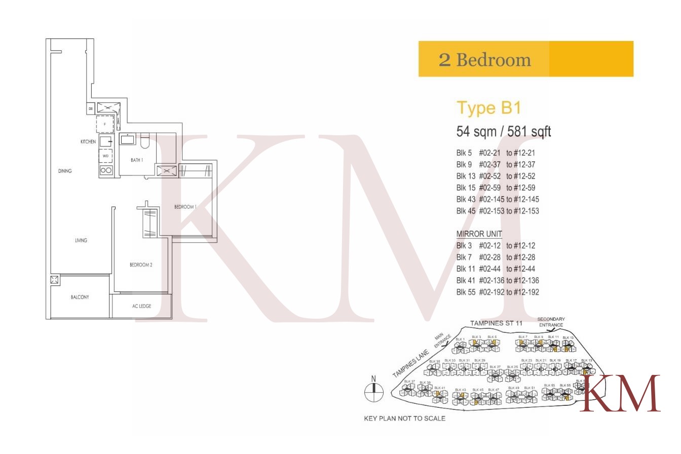 Treasure at Tampines Type B1 floor plan, 2-bedroom