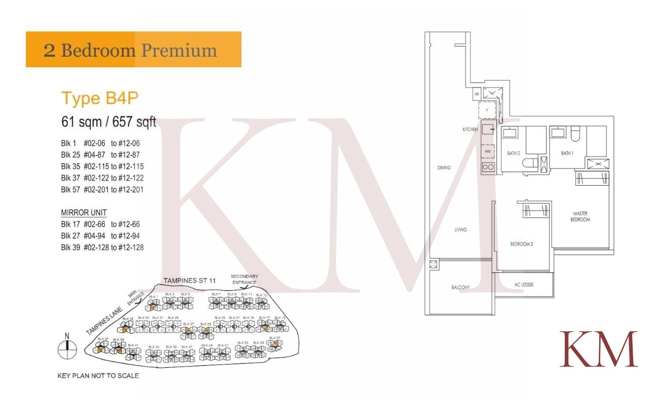Treasure at Tampines Type B4P floor plan, 2-bedroom