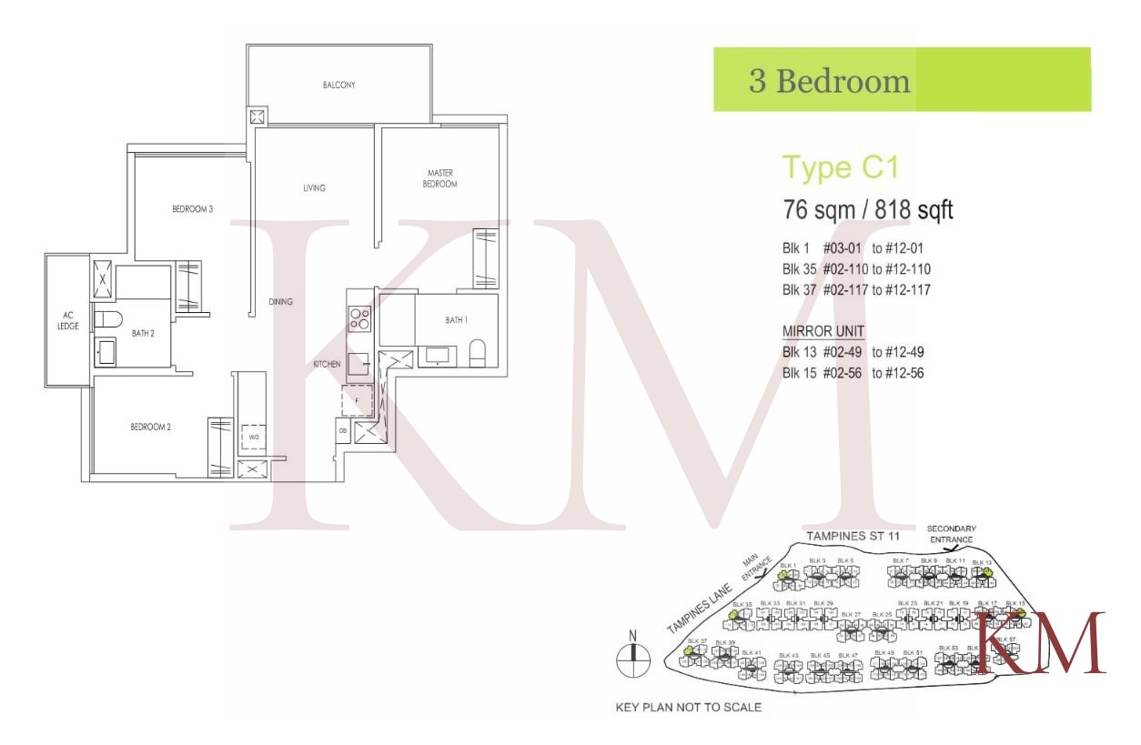 Treasure at Tampines Type C1 floor plan, 3-bedroom