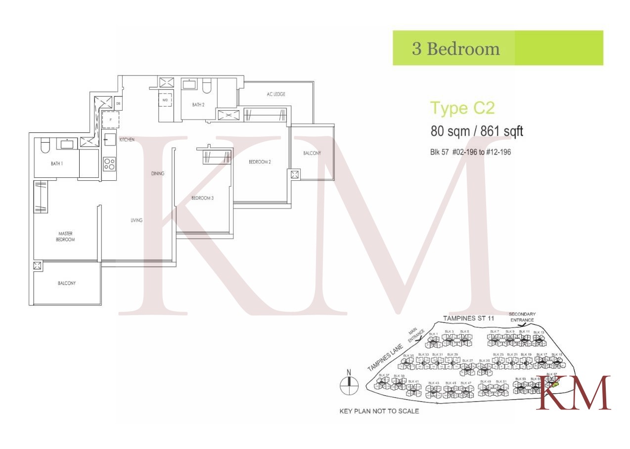 Treasure at Tampines Type C2 floor plan, 3-bedroom