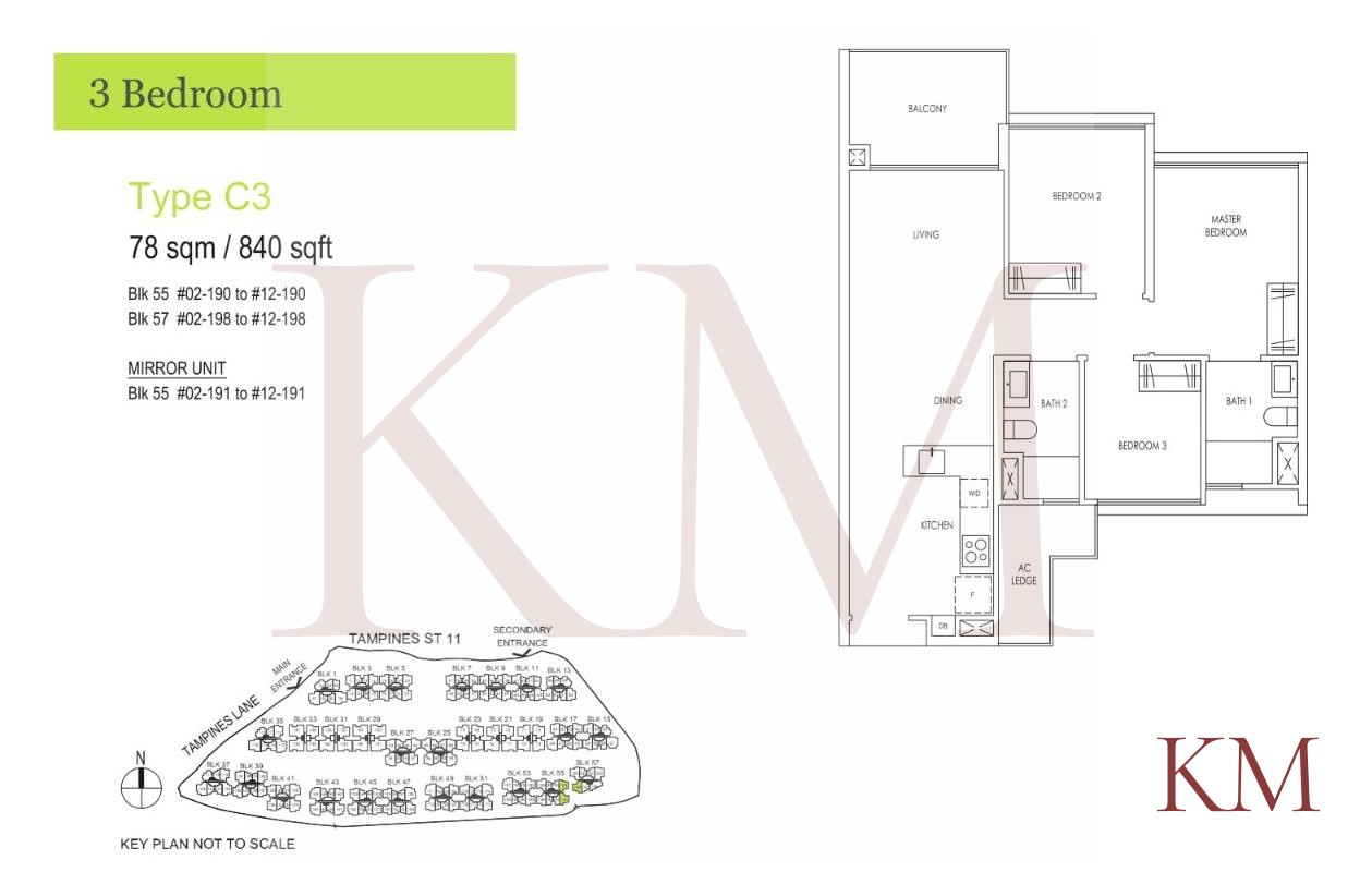 Treasure at Tampines Type C3 floor plan, 3-bedroom